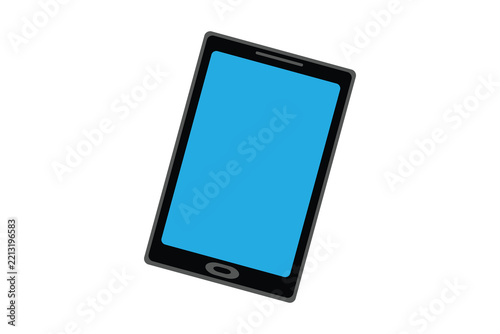 A single modern touch screen smartphone with a blue screen angled and isolated against a clean white background.