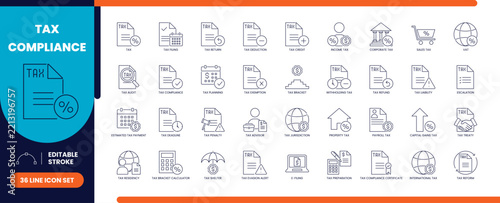 Tax compliance line icon set with tax forms, audit and legal document icons