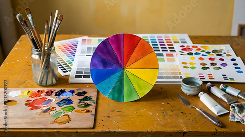 Artistic workspace with color wheel, palette, brushes, and paints on wooden table