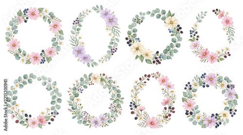 Collection of delicate floral wreaths with eucalyptus and various pastel colored flowers