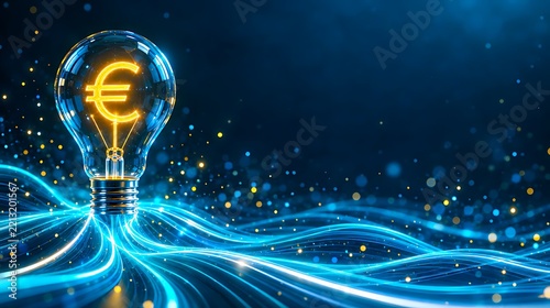 Glowing euro symbol inside a light bulb representing finance, energy, and economic growth