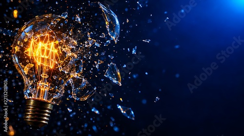 Glowing light bulb exploding into particles representing innovation and creative ideas