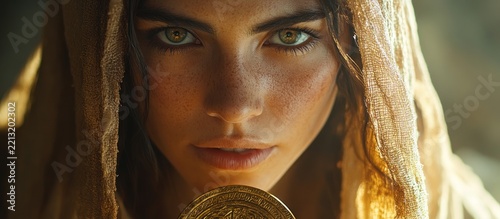 Woman with gold coin close-up portrait.