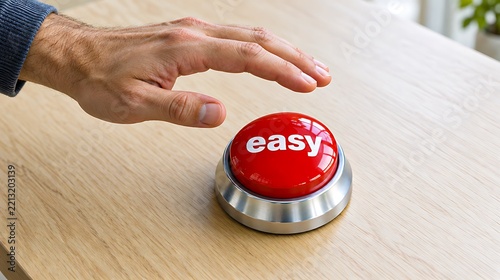 Hand pressing red easy button on wooden desk for simple action and convenience