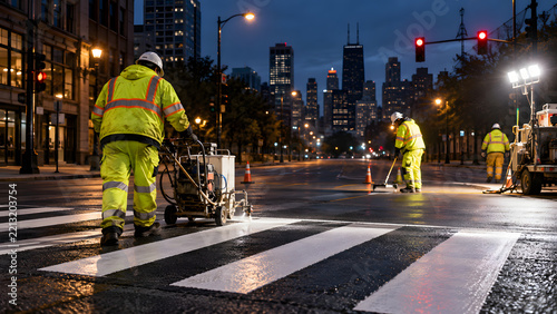 Road Maintenance Crew Painting Pedestrian Crosswalk on City Street at Night