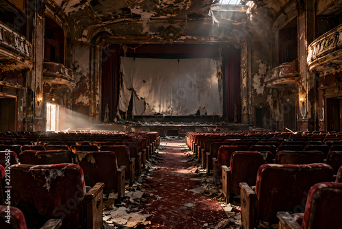Abandoned Decaying Theater Auditorium With Damaged Stage and Empty Red Seats