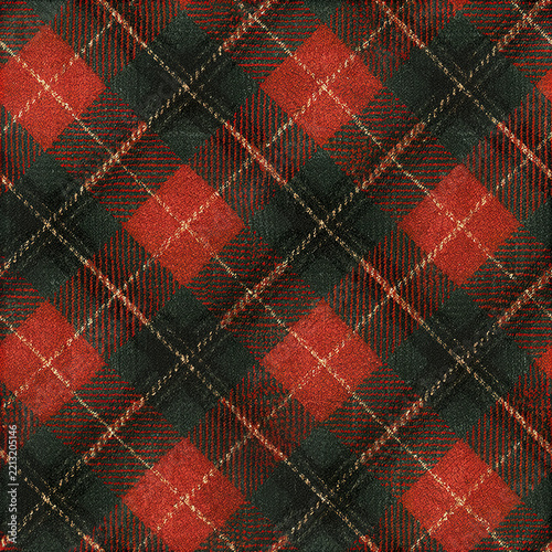 Scottish tartan pattern, red and green plaid fabric, cozy textile design, warm wool texture, traditional checkered cloth