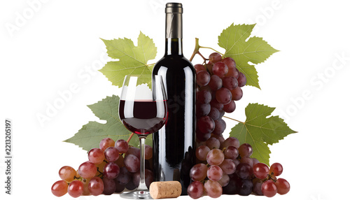Red Wine Bottle Glass Cork and Fresh Grapes Isolated on White Background   