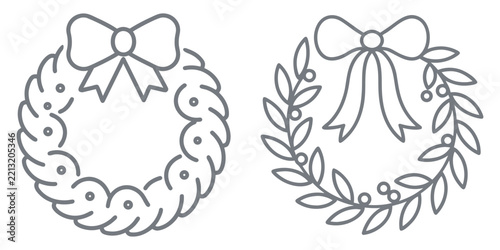 Christmas wreath with ribbon bow line icons set for holiday decor.