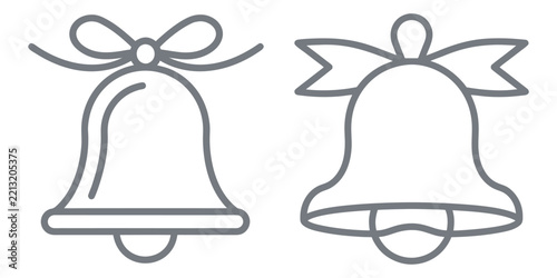 Christmas bells with ribbon bows line icons set for festive designs.