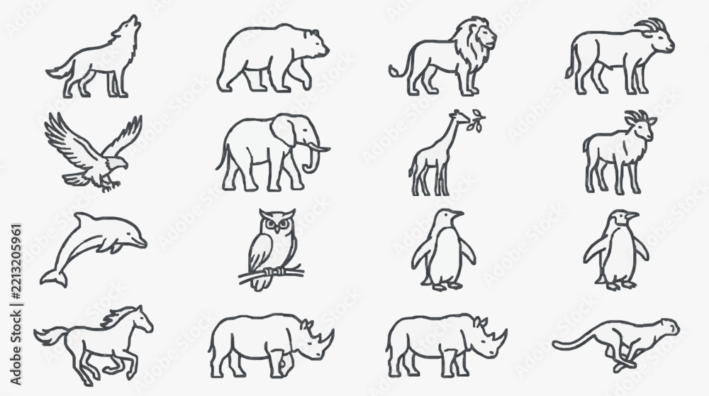 Fototapeta premium Elegant Line Art Collection of Diverse Wildlife and Marine Creatures