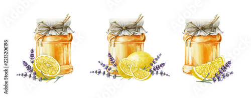 Honey jar with lemon and lavender flowers hand drawn watercolor illustration set isolated. Natural organic food element clipart for honey packaging, natural product branding and herbal design 