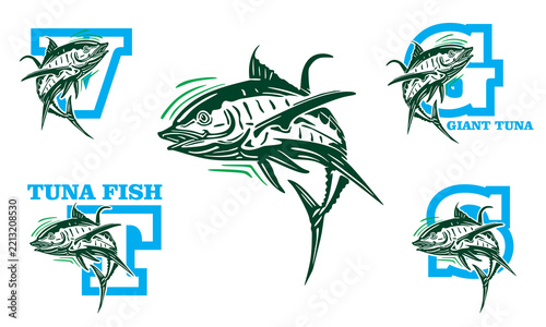 wild big tuna fish jumping logo with abjad silhouette of strong blue fin vector illustration 