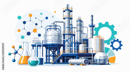 Industrial chemical plant with laboratory equipment and molecular structures