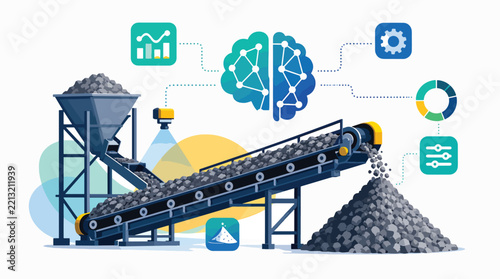 Industrial conveyor belt with digital icons and data visualization