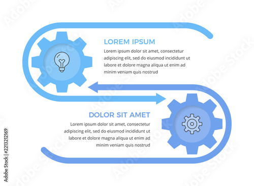 Two step infographic template with two gears connected by a looping arrow path. 2 steps flow chart or diagram for business process. Vector template
