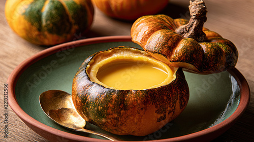 transparent pumpkin custard dessert with lifted lid