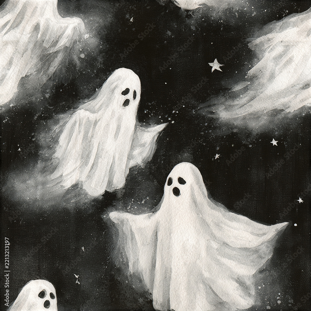 Naklejka premium Watercolor ghost seamless pattern featuring softly painted white spirits floating dark starry night sky with spooky expression