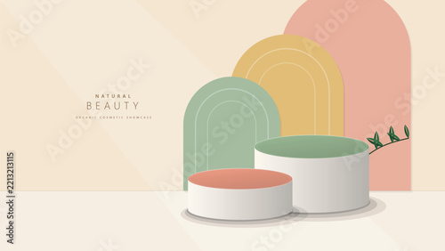 Pastel Beauty Product Mockup Scene with Layered Arch Background and Cylindrical Pedestals for Cosmetic Advertising