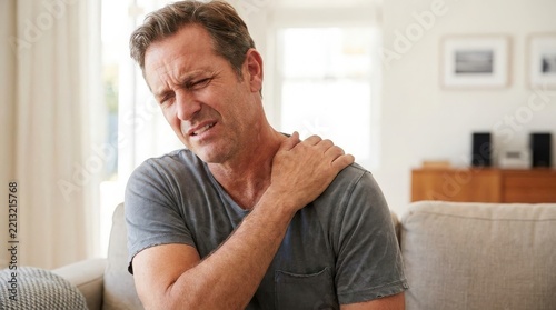 Man feeling shoulder pain at home