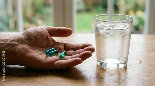 Person holding colorful pills with a glass of water