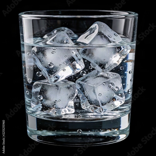 Clear glass filled with ice water and ice cubes on black background