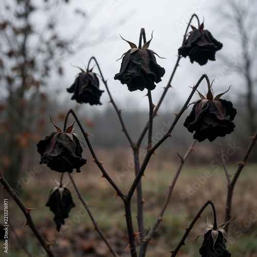 Withered black roses drooping on a thorny bush in a somber winter garden