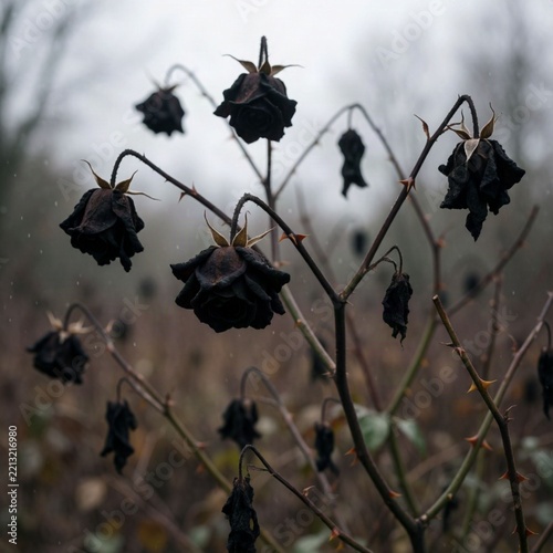 Wilted black rose buds on bare stems against a soft, overcast winter background