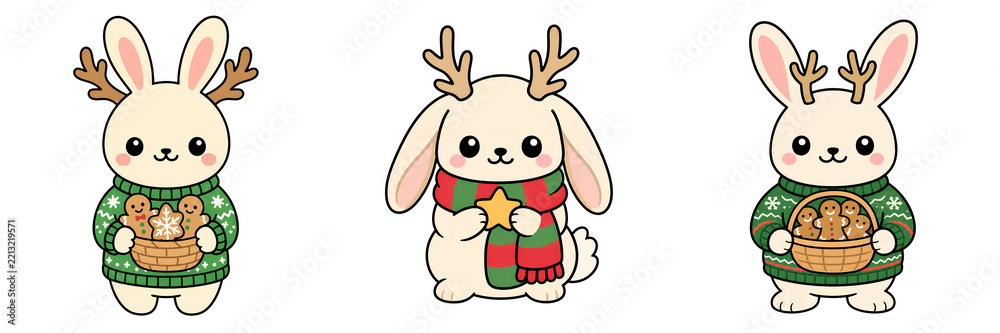 Obraz premium Cute rabbit character cartoon rabbit holiday illustration knitted sweater basket carrot seasonal decoration cheerful expression