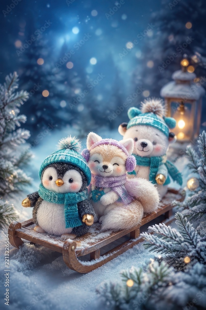 Fototapeta premium Adorable winter animals sledding through a snowy Christmas forest
