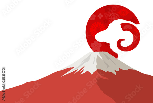 未年の年賀状、はがきテンプレート、羊と赤色の富士山と日の出のシルエット
