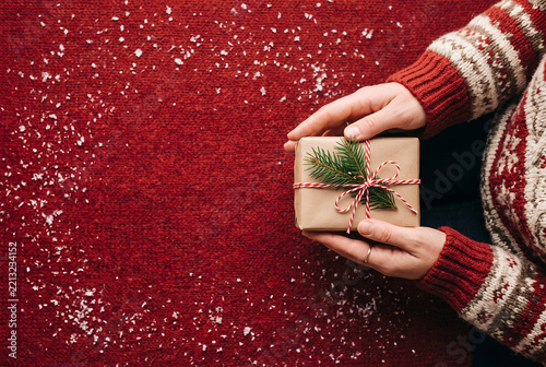 Child holding wrapped gift box with pine branch on red background