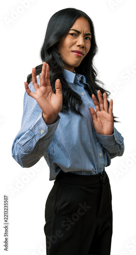 Fotografie Woman asian thai blue office worker, disgusted, disgust on face expression, hand