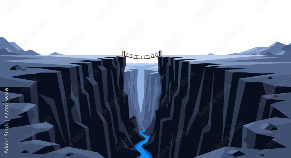 Fototapeta premium A rope bridge spans the gap between two steep, dark cliffs over a misty canyon.