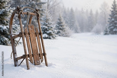 Wooden sled in snowy forest landscape.