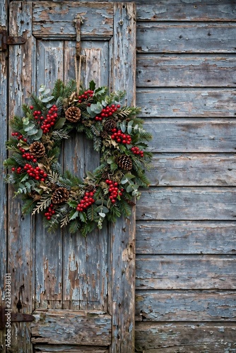 Rustic Christmas wreath on old wooden door.