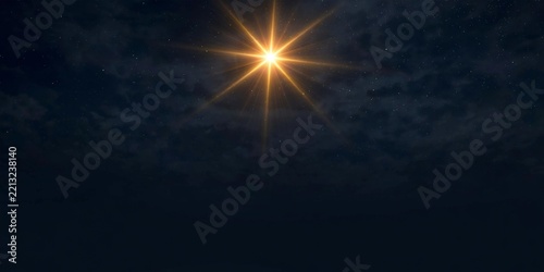 Bright star shining in dark sky.
