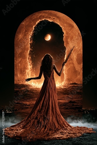 Silhouetted woman holding torch and wand before fiery arched portal at night with sparks ember