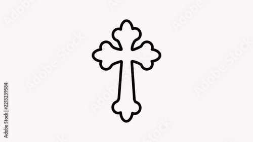 Simple black outline of a stylized Christian cross with rounded lobes on a pale pink background