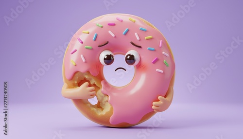 Cute embarrassed donut character self-conscious about its missing bite, funny bashful dessert 3D toy render