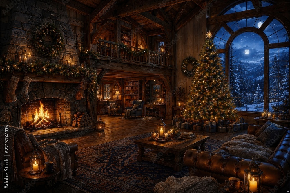Obraz premium Cozy rustic cabin living room glowing with Christmas warmth
