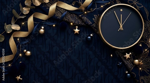 Luxury Christmas clock with gold ribbon on dark blue background