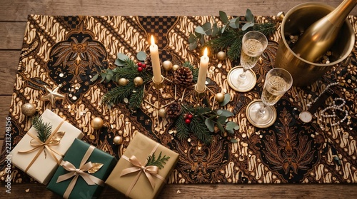Elegant Christmas gifts with gold ornaments and festive greenery