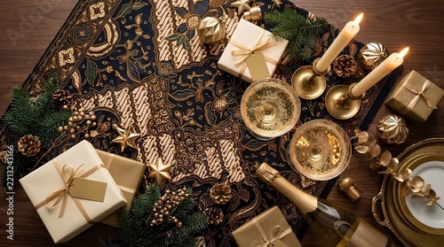 Premium Christmas gifts with gold ornaments on dark wooden surface