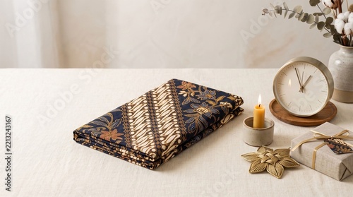 Elegant Christmas gift box with patterned textile and clock