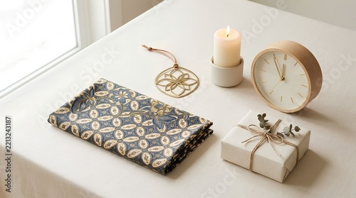 Minimal Christmas gifts with patterned textile and elegant clock