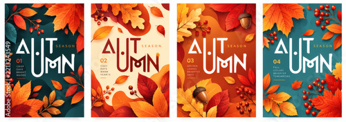 Collection of four autumn-themed posters with AUTUMN text and falling leaves perfect for seasonal marketing and design