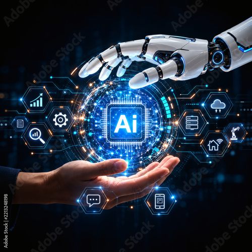 Human and robot hands interacting with a glowing artificial intelligence chip surrounded by digital technology icons on a dark background