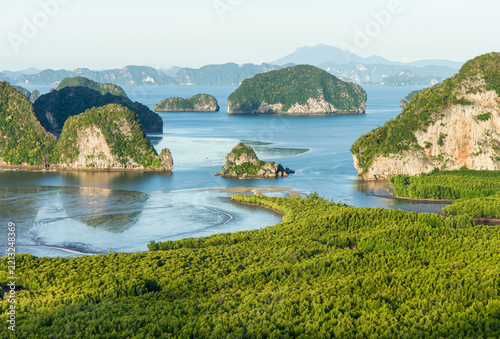 Top View of Phang Nga Bay and Limestone Islands from Samet Nang Chi Viewpoint. Phang Nga Bay with limestone karst islands, coastal water, tidal channels and lush mangrove forest in Phang Nga, Thailand