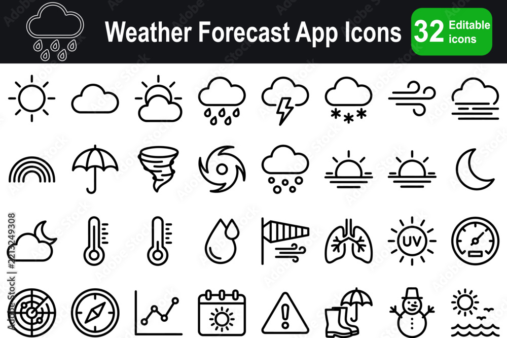 Fototapeta premium Weather forecast app icon set in line style. Climate and meteorology linear icon collection. Containing sun, rain cloud, thunderstorm, thermometer and more. Editable stroke